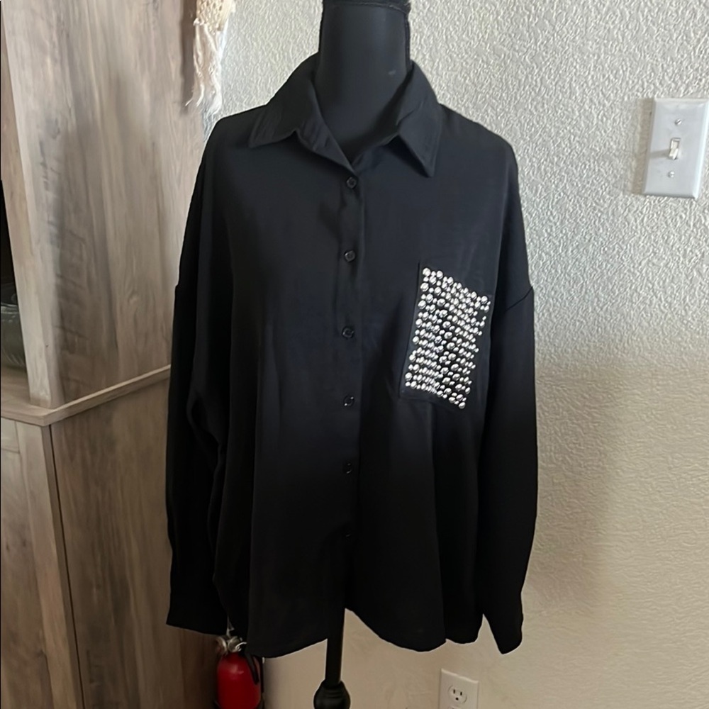 NWT Black Button-Up Blouse with Embellished Pocket